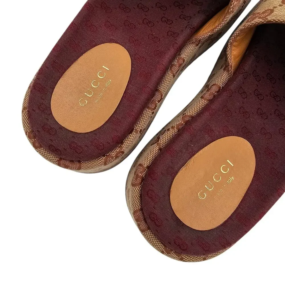 Gucci GG Monogram Angelina Platform Chunky Slide Sandal Size 37 US 7 Brown Beige
